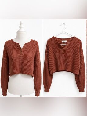 Aéropostale Rust Cropped Waffle Henley Sweater